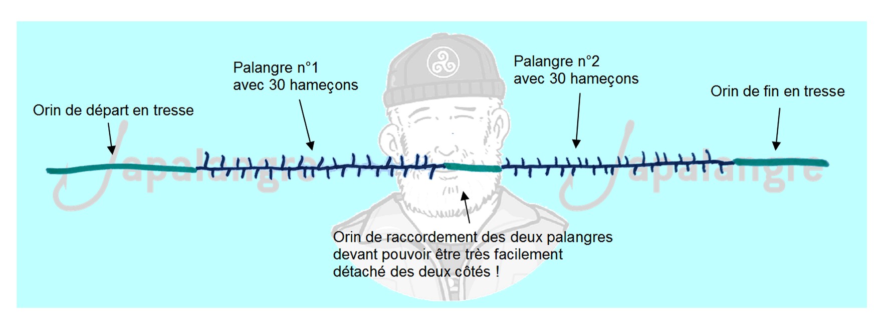 Exemple de montage d'une palangre avec 60 hameçons Exemple de montage d'une palangre avec 60 hameçons